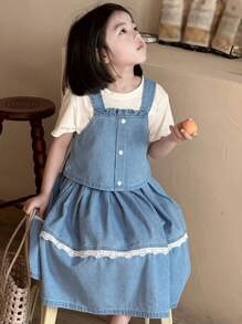 DAZY Young Girl Solid Color Patchwork Wide Strap Button Decor Minimalist Top And Denim Skirt Matching Set,Girls Summer Outfits - Blue - View 1
