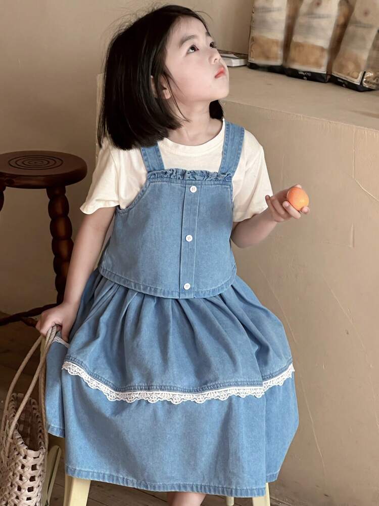 Young Girl Solid Color Patchwork Wide Strap Button Decor Minimalist Top And Denim Skirt Matching Set,Girls Summer Outfits
