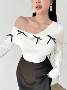 Modelyn Women's Asymmetrical Shoulder Long Sleeve Slim Fit T-Shirt Fall Cloth For Women - White - View 5