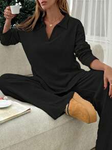 EURMUSE Women's Brushed Ribbed Set, Casual, Chic - Black - View 3