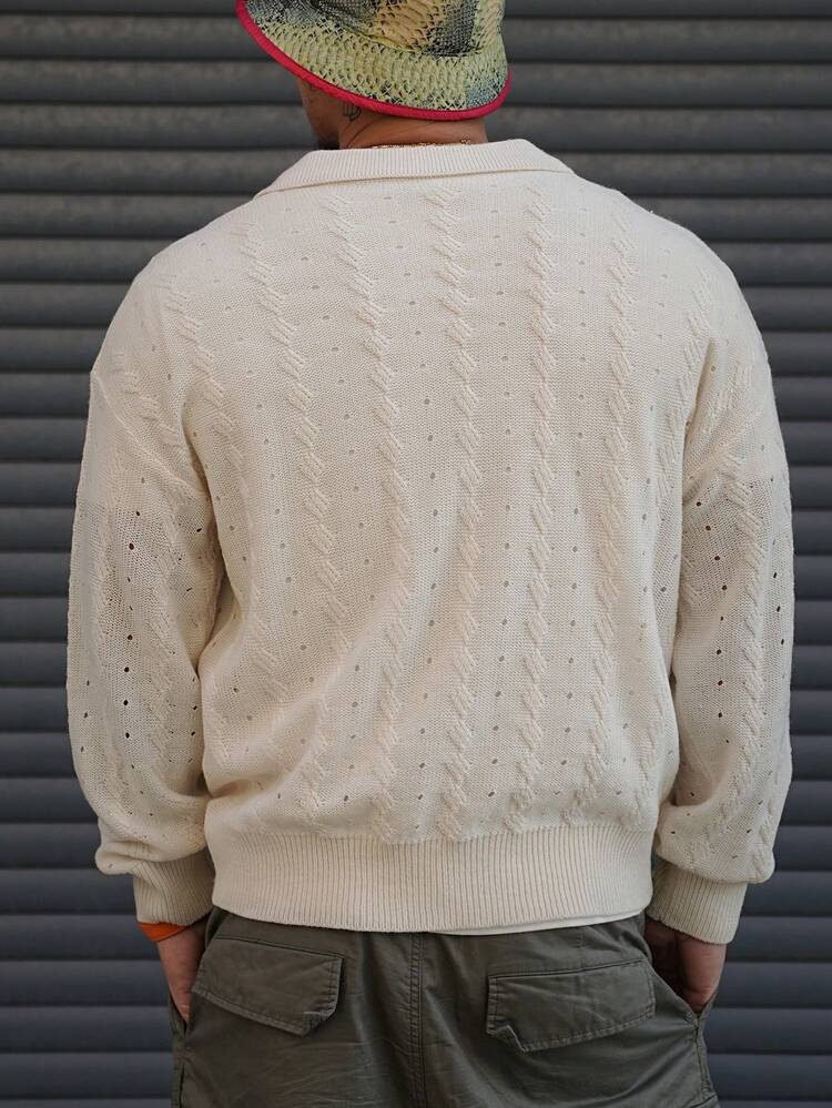 Men's Hollow Out Knitted Sweater, Turndown Collar Letter Embroidered, Spring Knitwear Top Fall,Winter