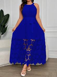 SHEIN Clasi 大码女式纯色花朵镂空优雅吊带裙