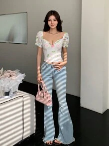 DAZY See-Through Mesh Lace Ditsy Floral Print Sexy Slim Fit Stitching Ladies Spring/Summer Top - White - View 2