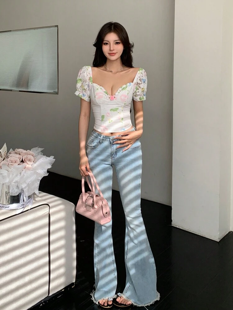 See-Through Mesh Lace Ditsy Floral Print Sexy Slim Fit Stitching Ladies Spring/Summer Top Easter