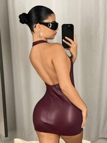 SHEIN ICON Deep V-Neck Halter Double Zipper Bodycon Mini PU Dress - Burgundy - View 3