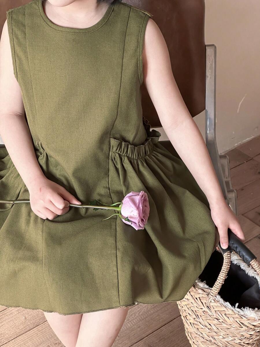 DAZY Simple & Fashionable Casual Solid Color Dress For Young Girls, Daily Wear,Girls Summer Outfits - Green - View 1