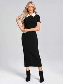 SHEIN LUNE Dames Polo Collar Color Block Elegante Zwarte Bodycon Zeemeerminjurk