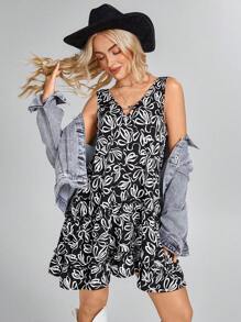 SHEIN LUNE Robe décontracté mini femme à rayures noires et blanches, col V sans manches, ourlet asymétrique, convient pour le printemps/été - Noir et Blanc - Voir 3