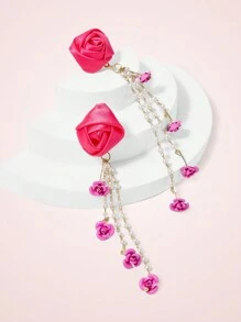 SHEIN MOD Satin Dimensional Faux Pearl Flower Tassel Dangle Earrings