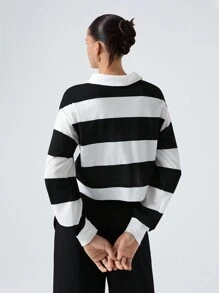 Muchica Button Half Placket Colorblock Tee - Black and White - View 2