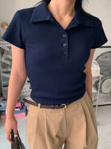 DAZY Áo thun nữ tay ngắn ôm sát có khóa kéo nửa cổ - Màu xanh hải quân - Xem 3