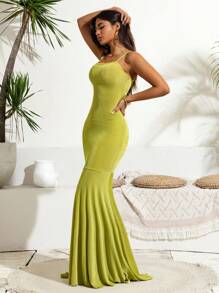Chiquease 橄榄绿色女士细肩带连衣裙，超喇叭形，性感简约音乐节优雅日常穿着，弹性针织，春夏 - 橄欖綠 - 查看 2