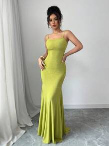 Chiquease 橄榄绿色女士细肩带连衣裙，超喇叭形，性感简约音乐节优雅日常穿着，弹性针织，春夏 - 橄欖綠 - 查看 4