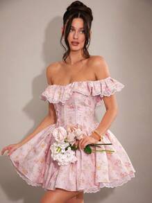 SHEIN BAE 优雅甜美浪漫荷叶边蕾丝露肩紧身泡泡袖连衣裙，适合春秋冬季，粉色碎花，公主裙，情人节，派对，约会，伴娘，舞会，工作，生日礼物 - 粉色 - 查看 6