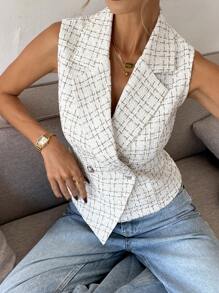 Serisse Women Elegant Commute Little Fragrant Wind Plaid Notched Collar Sleeveless Button-Up Blazer,Office Elegant Commuter Outfits,For Daily Wear,Suitable For Spring, Summer And Autumn,Elegant Blazer,Sleeveless Blazer,Slim Fit Blazer