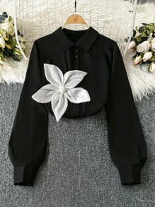 SHEIN LUNE Exquisite & Elegant  3D Flower Decor Plus Size Casual Long Sleeve Shirt - Black - View 4