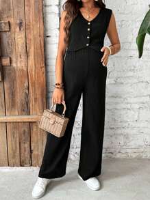 SHEIN 2pcs Maternity Set: Solid Color Vest And Adjustable Waist Wide Leg Pants