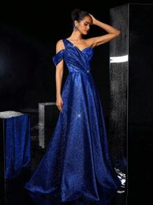 Glamrae Elegante y lujoso vestido largo asimétrico en color azul marino con mangas de encaje transparente, aplicaciones de lentejuelas, saten y fruncido. Apropiado para bodas, fiestas, vacaciones, bailes de gala, invitados de boda, ocasiones formales y vestidos de noche. - azul real - Ver 6