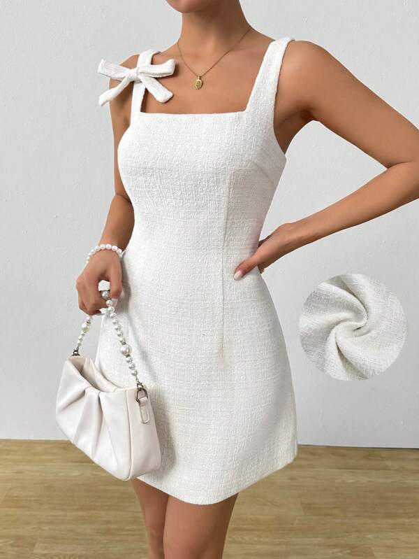 Chiquease Women's Boat Neck Waisted A-Line Linen Bow Slip Dress, Spring/Summer