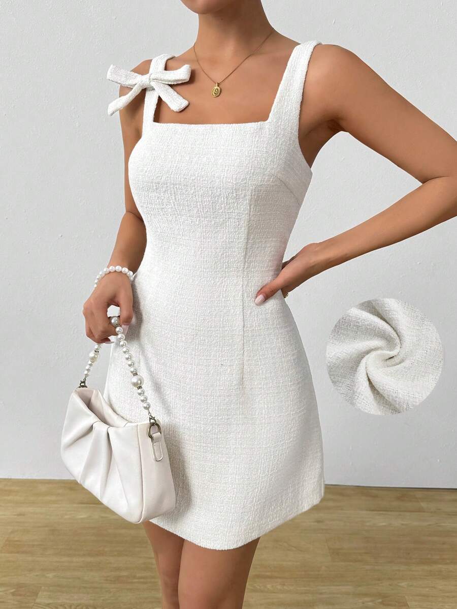 Chiquease Women's Boat Neck Waisted A-Line Linen Bow Slip Dress, Spring/Summer - Beige - View 1