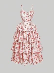 SHEIN MOD Plus Size Vintage Romantic Floral Print Split Dress For Summer