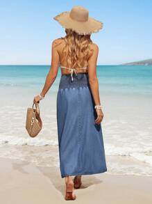 Breezaya Women's Slit Hem Simple Denim Skirt, Casual Vacation - Blue - View 6