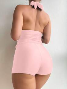 SHEIN Swim Women's Solid Color Spaghetti Strap-Back-Tie Simple Fitted Tnkini Set, For Summer Beach Vacation - Pink - View 2