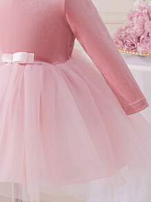 Glamorique Kids Christmas Party Wear Baby Girl Pink Velvet Ribbon Bow Mesh Layered Princess Dress For Piano Recital, Ballet, Stage, Middle East And Europe