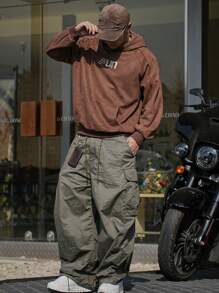 DAZY Men's Color Block Letter Print Hooded Sweatshirt - Coffee Brown - View 7