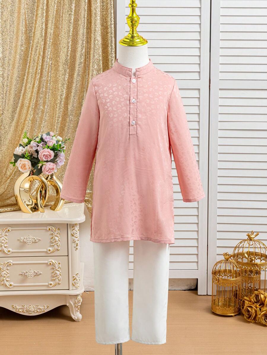 2pcs/Set Boy Button Up Long Sleeve Top And Pants Two-Piece Outfit - White - View 1
