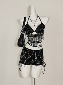 SHEIN ICON Sequin Halter Backless Tie Strap Cami Tank Top And Low Waist Shorts Set - Black - View 13