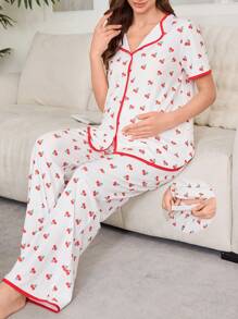 Moonlight&Mama 撞色饰边领口樱桃印花孕妇短袖哺乳睡衣套装 - 彩色 - 查看 1