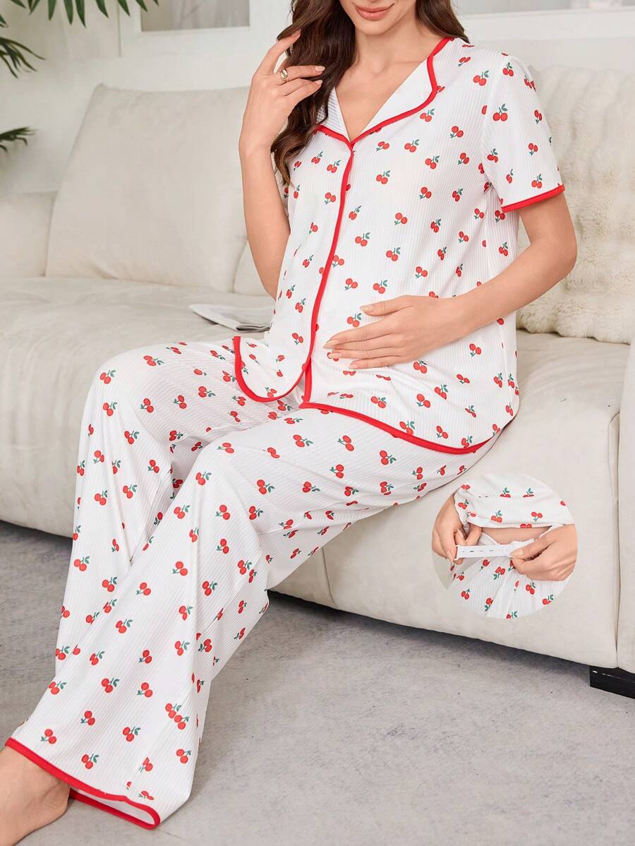 Moonlight&Mama 撞色饰边领口樱桃印花孕妇短袖哺乳睡衣套装 - 彩色 - 查看 1