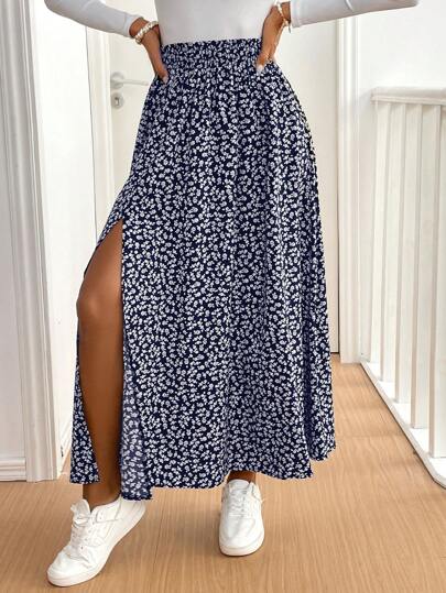 SHEIN Frenchy Women's Ditsy Floral Slit Frill Trim Maxi Skirt, Casual & Fashionable For Everyday Wear Summer Vacation Flower Blue Holiday Resort