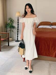 DAZY Vestido de sol de manga caída con volantes en la cintura y largo medio para mujer