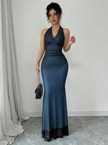 Rafferiza 优雅修身鱼尾下摆 V 领腰部褶皱针织网眼衬里连衣裙，适合女士，秋冬季，多色 - 彩色 - 查看 4