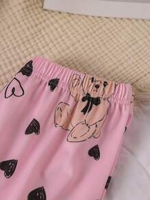 2 件套女孩休闲粉色熊印花设计短袖上衣和裤子睡衣套装，舒适时尚 - 粉色 - 查看 3