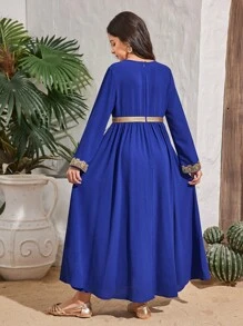 SHEIN Leap Crew Tween Girls Casual Woven Gold Ribbon Inspired V-Neck Long Sleeve Dress, Suitable For Ramadan - Royal Blue - View 2