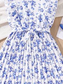 SHEIN Tween Girls' Elegant Floral Print Frill Trim Dress - Baby Blue - View 5