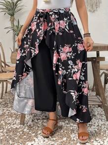 EMERY ROSE Plus Size Women Floral Print Patchwork Wide Leg Palazzo Pants - Black - View 5