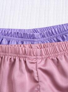 SHEIN 4pcs Set Baby Girls Elegant Contrast Binding Short Sleeve Top With Pockets And Contrasting Collar, Matching Purple Shorts, Charming Home Sets - Multicolor - View 5