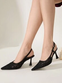 CUCCOO CHICEST 女士黑色网纱拼接尖头细高跟鞋，优雅性感浪漫时尚黑色蕾丝女士高跟凉鞋，适合下午茶、约会、派对、情人节等场合的礼服鞋 - 黑色 - 查看 6