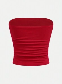 SHEIN 少女腰部褶皱针织短款上衣和抽绳低腰阔腿运动休闲工装裤套装，街头时尚吊带背心和裤子套装 - 紅色 - 查看 9