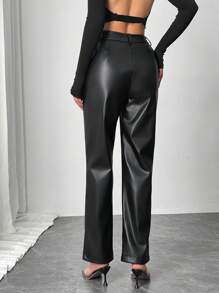 Chiquease 早春休闲修身直筒微喇叭女裤，复古高端仿皮长裤，百搭简约黑色长裤，适合日常穿着 - 黑色 - 查看 2