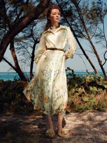Anewsta Vestido de mangas farol con cintura ceñida y estampado floral romántico francés elegante para mujer, atuendo para el Día de San Valentín, vacaciones, Año Nuevo