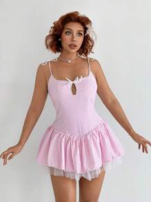 Sweetina Đầm nữ thiết kế ôm vừa vặn, trang trí nơ lưới phủ ngoài - Hồng - Xem 1