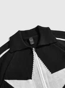 ROMWE MEN Men's Prep Zipper Placket Short Sleeve Five-Pointed Star Knit Top - Black - View 4