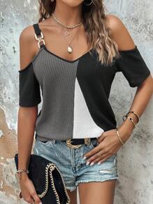 EMERY ROSE 女士休闲撞色露肩短袖 T 恤 - 灰色 - 查看 4