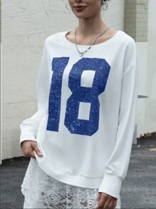 INAWLY Numeric Print Round Neck Pullover Sweatshirt Fall Women Clothing,Long Sleeve Tops