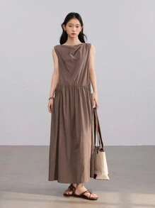 Dazy-Less Damen Einfarbiges Leinen Loose Vest Design Patchwork Midi Kleid Business Lässig